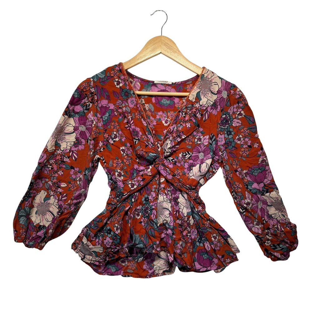 Sky and Sand Floral Twist Front Peplum Blouse Orange Boho Balloon Sleeve Small